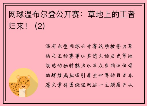 网球温布尔登公开赛：草地上的王者归来！ (2)